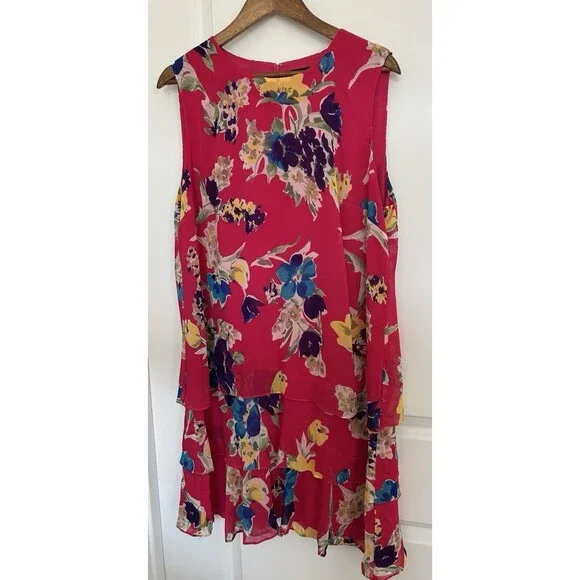 Ralph Lauren Womens 16 Pink Floral Dress Flowy Ruffle Hem Sleeveless Gerogette - Picture 2 of 14